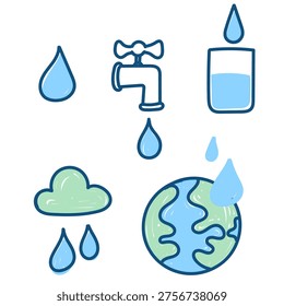 doodle style vector icons focused on water conservation and eco-consciousness. water drops, a faucet with dripping water, a glass of water, a rain cloud, planet Earth. Ideal for water-saving campaigns, environmental education materials, websites, apps
