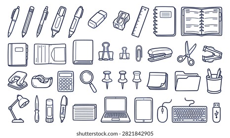Doodle style vector illustration of everyday workspace tools including paper clips sticky notes folders laptop tablet and computer accessories. Comprehensive set of educational materials and administrative items for classroom or professional office environment organization.
