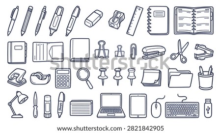 Doodle style vector illustration of everyday workspace tools including paper clips sticky notes folders laptop tablet and computer accessories. Comprehensive set of educational materials and administrative items for classroom or professional office environment organization.