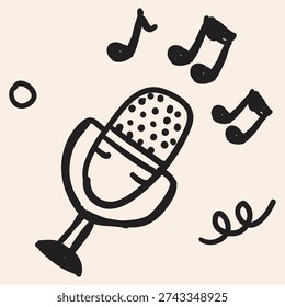 A doodle style vector illustration of a happy birthday music theme with a microphone and notes