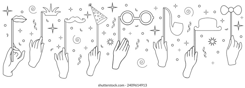 Doodle style vector illustration of male and female hands holding photo props for party, birthday celebration. Mustache, crown, lips, glasses, hat, bow on sticks.