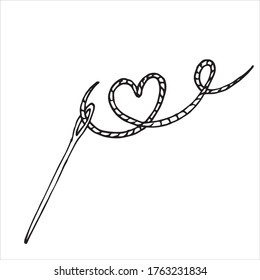 doodle style vector illustration. needle with thread. thread with curls in the shape of a heart. cute simple drawing, handmade icon, sewing, embroidery, fabric and accessories store