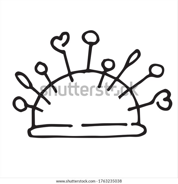 \
doodle style vector illustration. needle box\
with needles and pins. simple drawing small pillow with needles,\
pins and hearts isolated on white background, icon for fabric shop,\
handmade, atelier