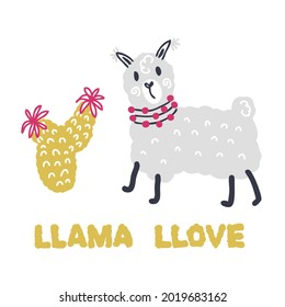 Doodle style vector illustration of nice lama and cactus. Perfect for T-shirt, textile and prints.Hand drawn illustration for decor and design.