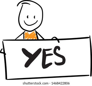 Doodle style vector illustration object isolated hand draw. Line art cartoon design character. Boy with Yes sign
