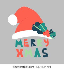 Ilustración vectorial estilo Doodle con sombrero rojo de Santa Claus, hojas huecas, bayas y alegre texto navideño. Cuta caricatura de invierno diseño de tarjetas de felicitación para niños, niños.