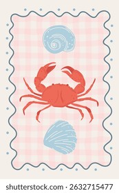 Doodle style vector illustration. Sea shells and crab on checkered background in wavy frame. Sketch of dolce vita style poster.