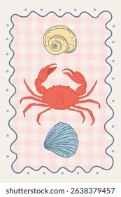 Doodle style vector illustration. Illustration of sea creatures on checkered background in wavy frame. Sketch of dolce vita style poster.