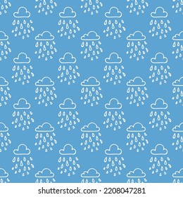 Doodle style vector illustration. Seamless pattern clouds with rain silhouettes on blue background. Design element for banner, wallpaper, fabric, gift wrap.