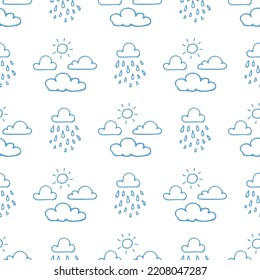 Doodle style vector illustration. Seamless pattern clouds with rain on white background. Design element for banner, wallpaper, fabric, gift wrap.