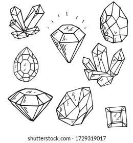
doodle style vector illustration. set of crystals. Diamonds, diamonds and crystals graphic line drawing. Isolated on a white background.
