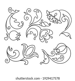 doodle style vector illustration. Set of simple elements of flowers and plants. stylized flowers, twigs of plants, leaves. Hand drawn simple icons