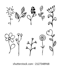 Doodle style vector illustration. Set of simple elements of flowers and plants.