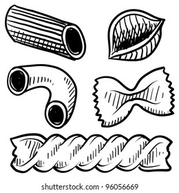 Doodle style vector illustration of various pasta types used in italian cuisine, including macaroni, rigatoni, penne, shells, rotini, and farfalle (bowtie).