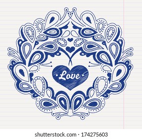 doodle style vector image of heart with ornamental decor, valentine's day greeting card
