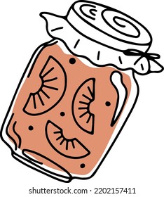 Doodle style vector jar with peach jam, isolated on white background