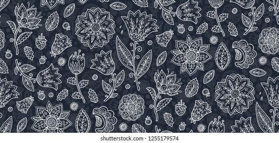 Doodle style vector line art hand drawn flowers boho vintage vector seamless pattern on black background
