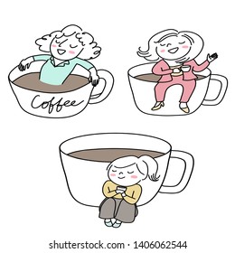 Doodle style vector of people with coffee such as woman sitting on coffee cup, woman sitting relaxed in cup of coffee. Set of woman or morning female person sitting with a giant cup of coffee.