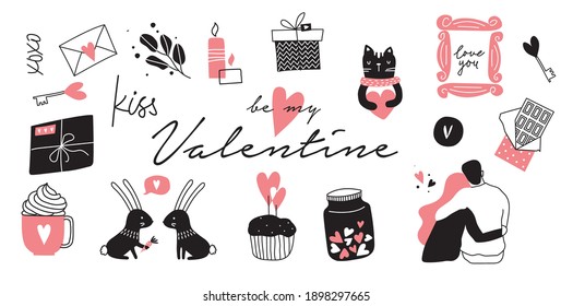 doodle style vector romance valentines illustartion set