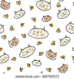 Doodle style vector seamless pattern of cat muzzles and hearts in pastel autumn colors. Perfect for T-shirt, textile and prints. Hand drawn illustration for decor and design.
