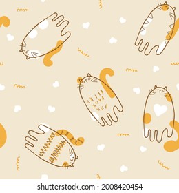 Doodle style vector seamless pattern of cute kittens and white hearts. Perfect for fabric, textile and prints. Hand drawn illustration for decor and design.