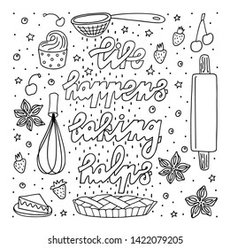 Doodle style vector sketch . Freehand drawn bakery symbols and quote