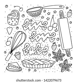 Doodle style vector sketch . Freehand drawn bakery symbols and quote