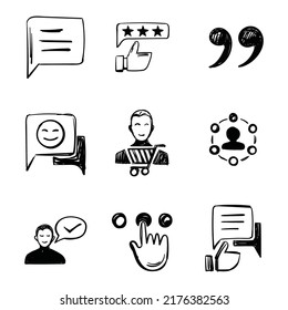 En boceto de vectores de estilo doodle. Dibujo a mano de un conjunto simple de testimonios relacionados con los íconos de la línea de vectores. 