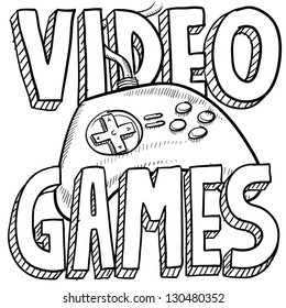 Doodle style video games sports illustration.  Includes text and computer game controller.