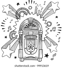 Doodle style vintage jukebox with 1970s style pop explosion background