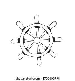 Doodle style vintage sea steering wheel. Hand drawn. Decoration element. Isolated on a white background. Black-white vector illustration. Helm retro
