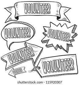 Doodle style Volunteer message tags, labels, banners and arrows in vector format. Can be used as an overlay, as background, or for a sticker effect on web or print materials.