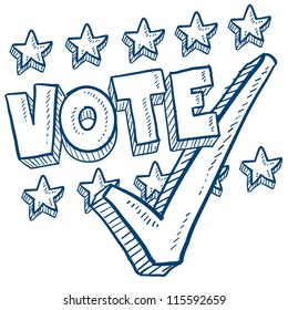 Doodle style vote in the election with check mark illustration in vector format.