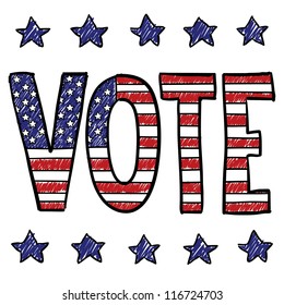 Doodle style Vote in the election message sketch overlaid with the American flag in vector format.