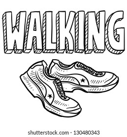 Doodle Style Walking Sports Illustration.  Includes Text And Tennis Shoes.