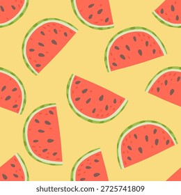 El patrón de sandía sin fisuras de estilo Doodle se muestra en varios tamaños y Orientaciones.Las rebanadas de sandía se dispersan por el fondo amarillo, creando una atmósfera vibrante y juguetona