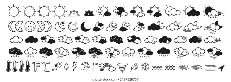 Doodle style weather icons set. Isolated hand drawn weather pins. Monochrome, black and white weather conditions: sun, thunderstorm, clouds, rain, storm