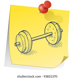 Doodle style weightlifting equipment on yellow sticky note sketch in vector format