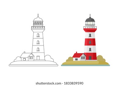 Doodle style white and red lighthouse vector coloring book illustration with colored sample and clear version isolated