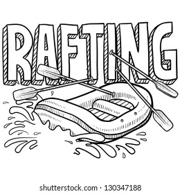 Doodle style whitewater rafting illustration in vector format. Includes text and raft.