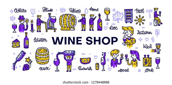 Doodle style wine collection. Hand drawn elements for banners and website concepts. Vector illustration. Winemaker character