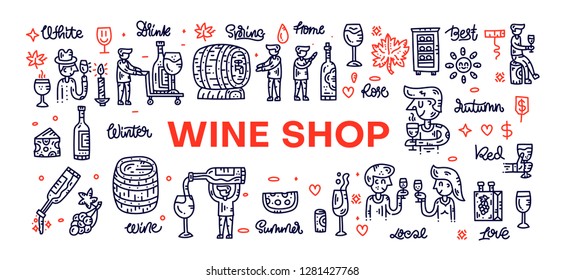 Doodle style wine collection. Hand drawn line elements for banners and website concepts. Vector illustration. Winemaker character
