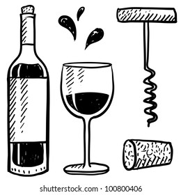 Doodle style wine set illustration in vector format including bottle, glass, corkscrew, and cork.