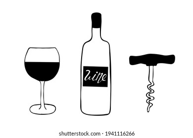 Doodle style wine set illustration in vector format including bottle, glass, corkscrew, and cork. Bottle, glass with wine and corkscrew set icon, sticker. sketch hand drawn doodle style. minimalism