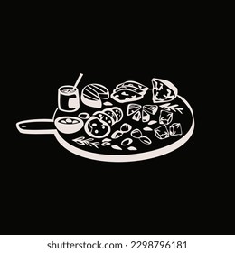 Doodle style wine set illustration in vector format including bottle, glass, salami, olives and cheese. Vector illustration