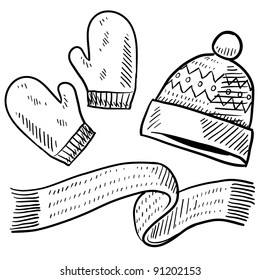 Doodle style winter clothing illustration in vector format suitable for web, print, or advertising use. Includes mittens, scarf, and stocking cap.