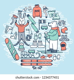 Doodle style, winter illustration. Drawing style Bear, hare skiers, winter warm clothes. Snowboard, ski, sled. On blue background with hatching Vector illustration.