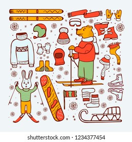 Doodle style, winter illustration. Drawing style. Bear, hare - skiers, winter warm clothing. Snowboard, ski sled On white background vector illustration