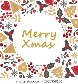 Doodle style winter set and Merry Xmas text in round white label. Vector illustration of colorful winter objects (Christmas tree, hearts, berries, leaves, snowflakes) on white background. EPS10
