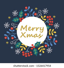 Doodle style winter set and Merry Xmas text in round white label. Vector illustration of colorful winter objects (Christmas tree, berries, leaves, snowflakes) on dark blue background. EPS10